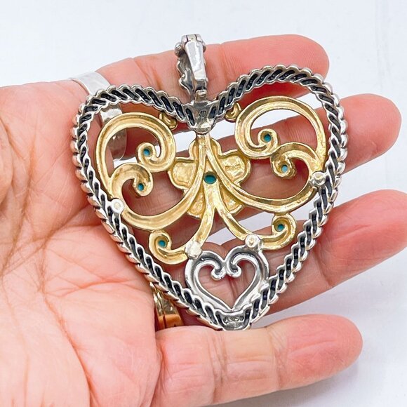 Carolyn Pollack 925 Sterling Silver & Brass Heart Pendant Turquoise Accents Larg - Picture 9 of 9